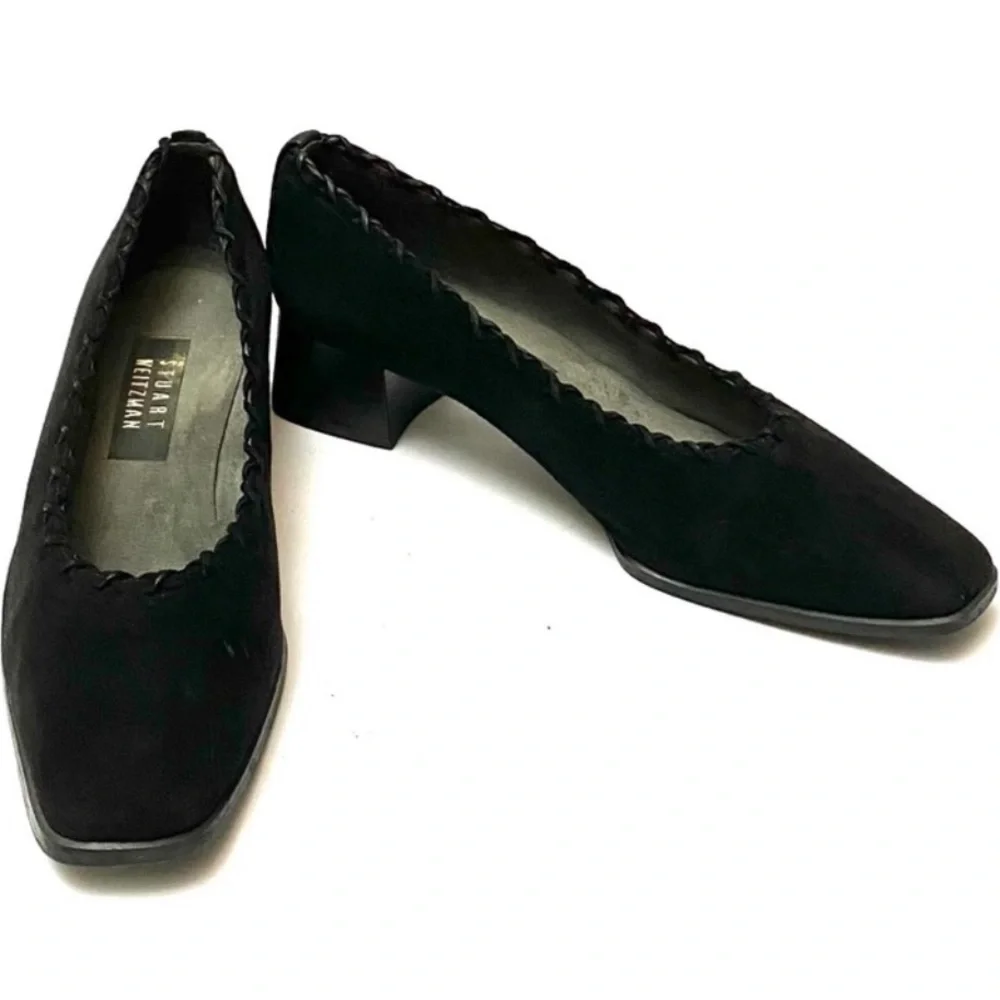 Stuart Weitzman Bixby Black Suede Cross Stitching Block Heel Shoe - Picture 4 of 8